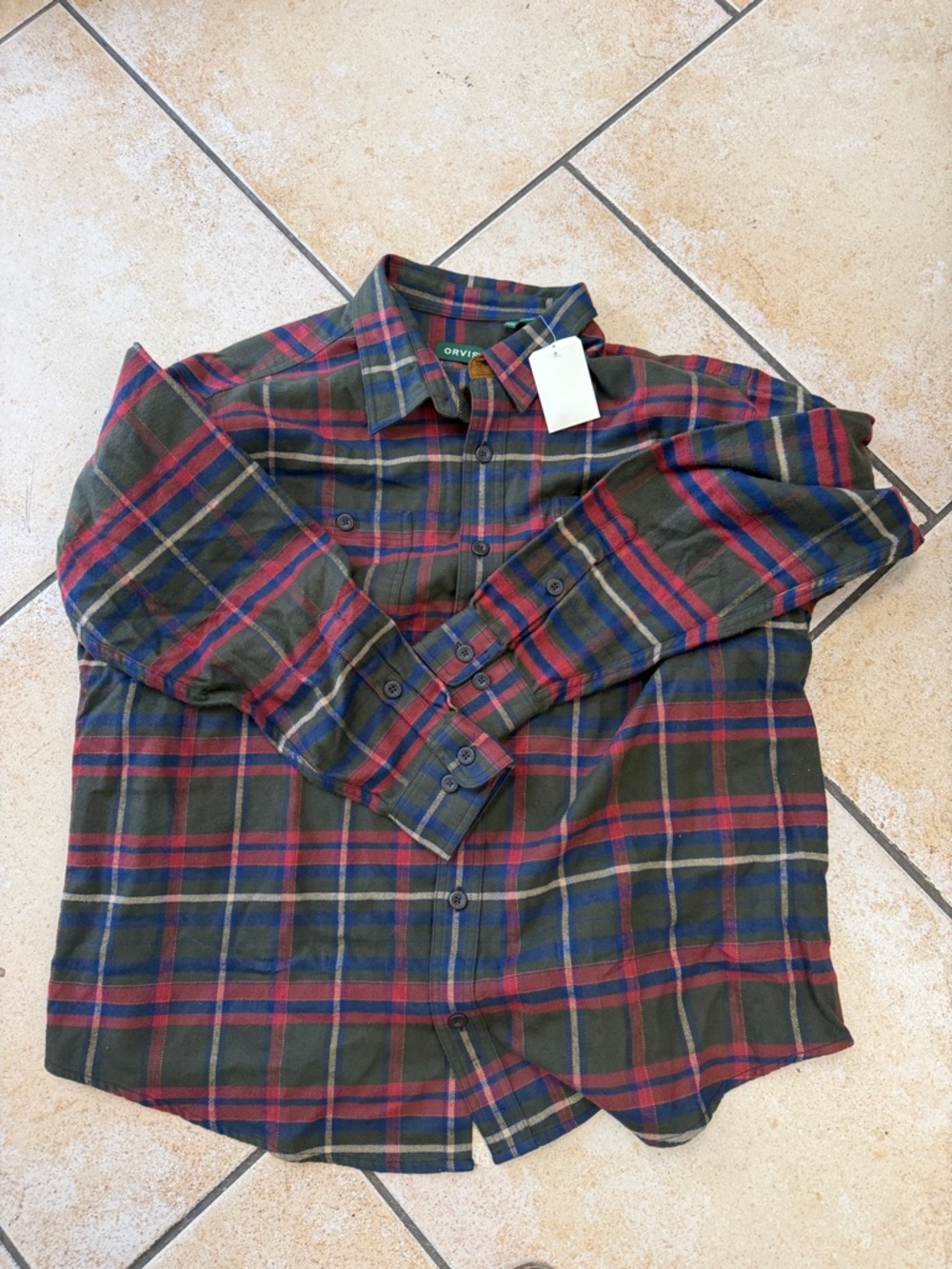 Orvis Olive Green and Red Plaid Cotton Button-Down Shirt